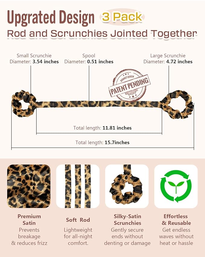 BONNET QUEEN Heatless Hair Curler Set (3Pcs), Heatless Curls Overnight with Satin Hair Rollers, All-in-One Curling Rod for Hair Curlers to Sleep In, Leopard(For Tight Curls)