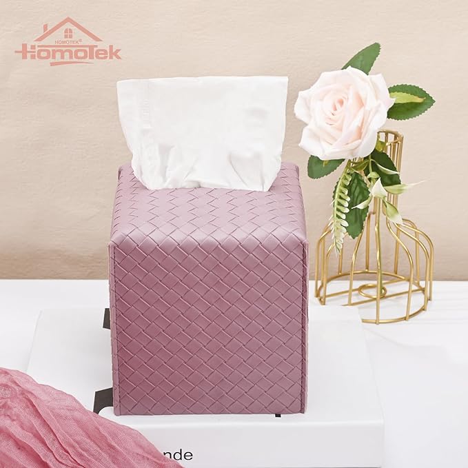 HOMOTEK 2 Pack Tissue Box Cover, Square PU Leather Tissue Holder, Decorative Facial Tissue Cube Paper Organizer Dispenser for Bathroom, Night Stands, Desk, Car 5X5X5'' - Woven Waffle,Plum Red
