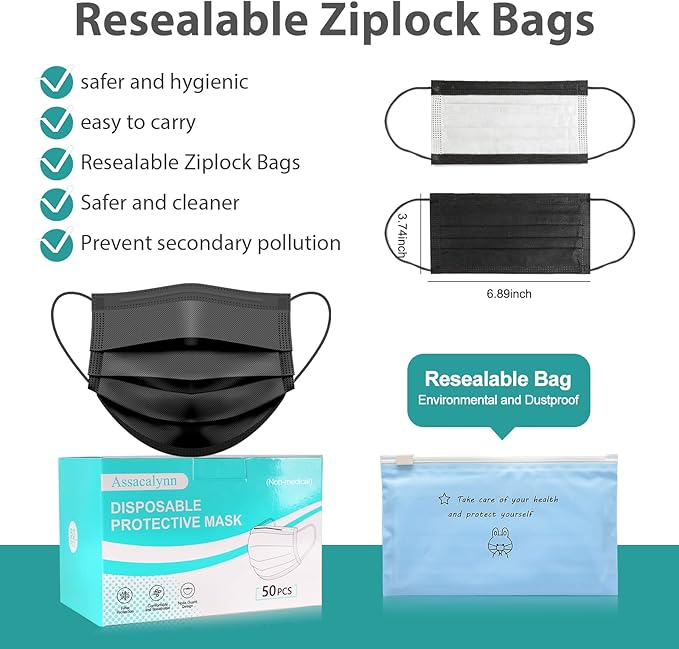 Disposable Mask 4 Layer 2023 Black Mask with White Inside, Breathable Single Use Dust Mask with Wider Soft Earloops for Adult Men Women Box 50 Pack