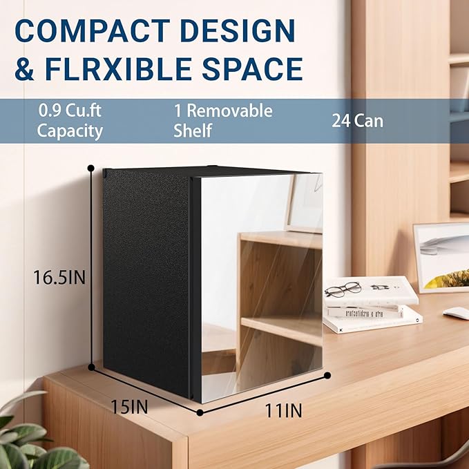 Stopasd Compact Beverage Refrigerator, 0.9 Cu.Ft/24 Can Mini Fridge with Adjustable Shelves & Mirror Door for Drink and Cosmetics,Quiet Compact Countertop Skincare Fridge for Bedroom/Office/Bar