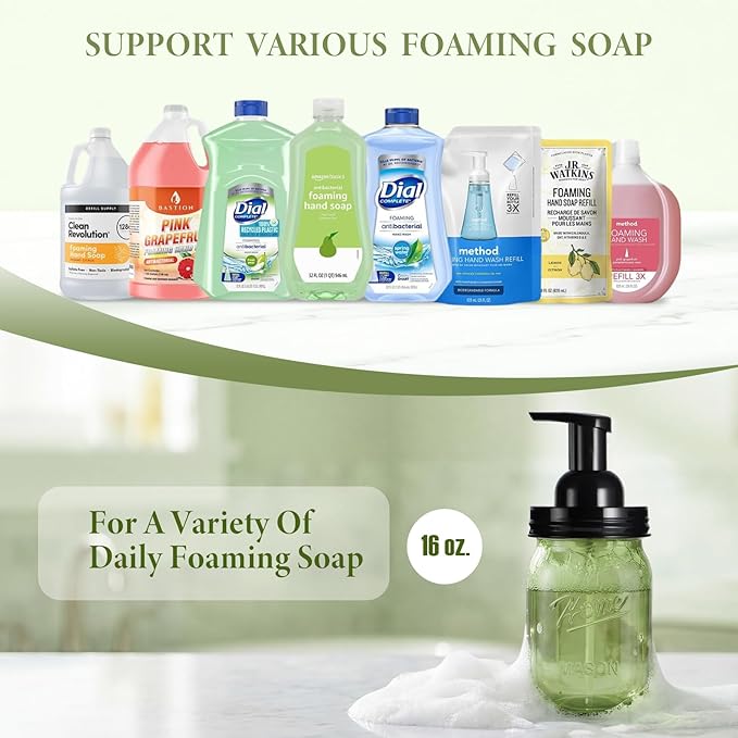 Amolliar Plastic Mason Jar Foaming Soap Dispenser Pump Lid, 16oz Foam Soap Dispenser with Cute Lables - Green Refillable Hand Soap Dispenser for Bathroom Kitchen Shower (2 Pack, Black)