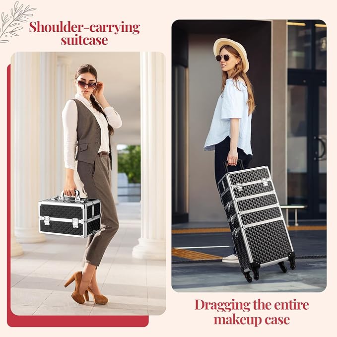mefeir 4-in-1 Rolling Makeup Train Case Lift Handle,4 Removable Wheels Lockable Keys,Aluminum Cosmetic Trolley Beauty Stylist Artist Organizer Box,Ideal Xmas New Year Gift (Diamond Black)