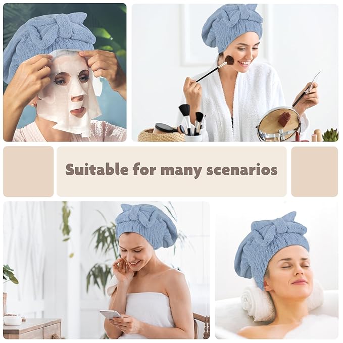 SUNLAND Large Microfiber Hair Drying Caps with Bow Knot Fast Drying Shower Cap Soft and Absorbent hairWrap Hair Turban Bath Caps for Curly Thick and Wet Hair