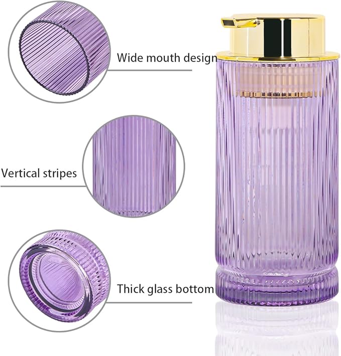 Foaming Soap Dispenser, Purple Glass Foam Hand Soap Dispenser with Gold Pump, 14 Oz Bathroom Refillable Liquid Lotion Pump Ribbed Bottle Container for Kitchen Countertop Decor, 1