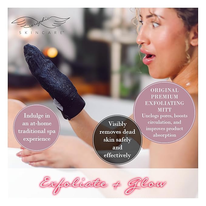 Seraphic Skincare (Original) Premium Exfoliating Mitt for Body (2pc) – 100% Vegan Viscose Traditional Body Scrub Glove Kessa Korean Washcloth – Body Exfoliator for Self-Tan Removal & Keratosis Pilaris