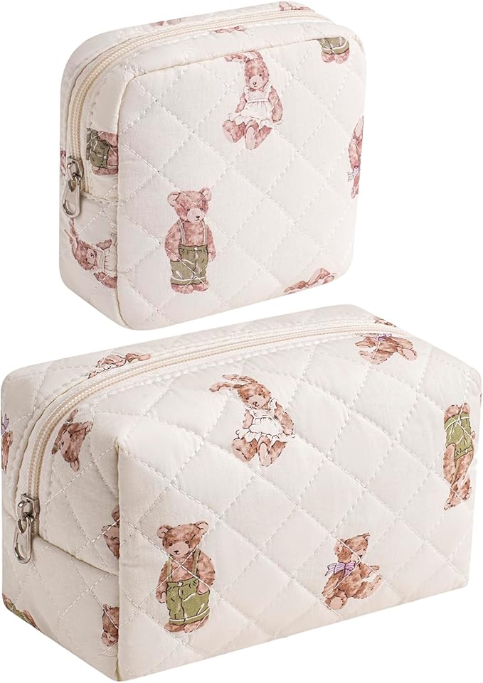 2 Pcs Quilted Cotton Makeup Bag Set, Small Aesthetic Cosmetic Bag with Bear Pattern, Cute Makeup Pouch for Purse, Kawaii Trendy Preppy Travel Toiletry Bag for Women and Girls(20 Bear Set)