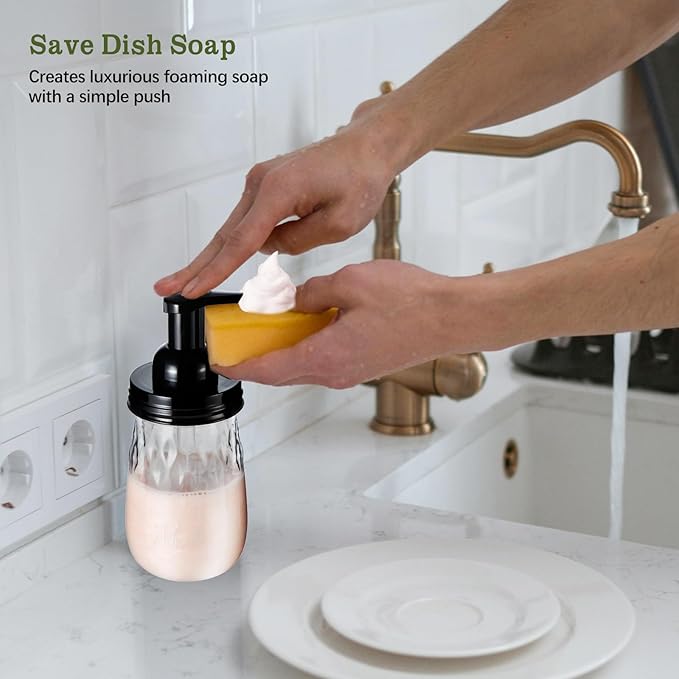 Amolliar 16Oz Foaming Soap Dispenser with Pump Lid, Plastic Refillable Foam Hand Dish Soap Dispenser Set, Clear Diamond Dispenser with Lable for Farmhouse Kitchen Bathroom (2 Pack, Black)