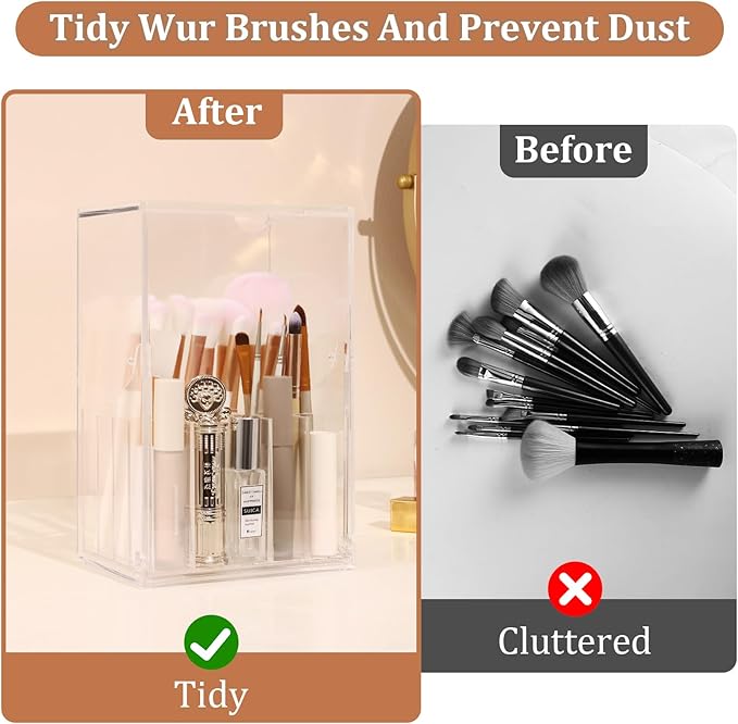 Acrylic Makeup Brush Holder with Slanted Flip-Top Lid - Clear Dustproof Cosmetic Make up Brush Organizer and Storage Box - Large Capacity 17-Slots Container for Vanity Brushes (Transparent)
