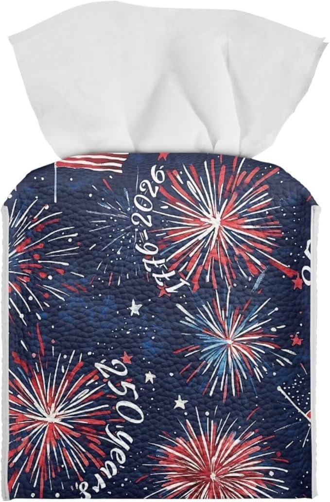 Firework USA Flag Tissue Box Holder Waterproof PU Leather Square Modern Tissue Box Cover with Metal Button Napkin Holder for Home Office Car