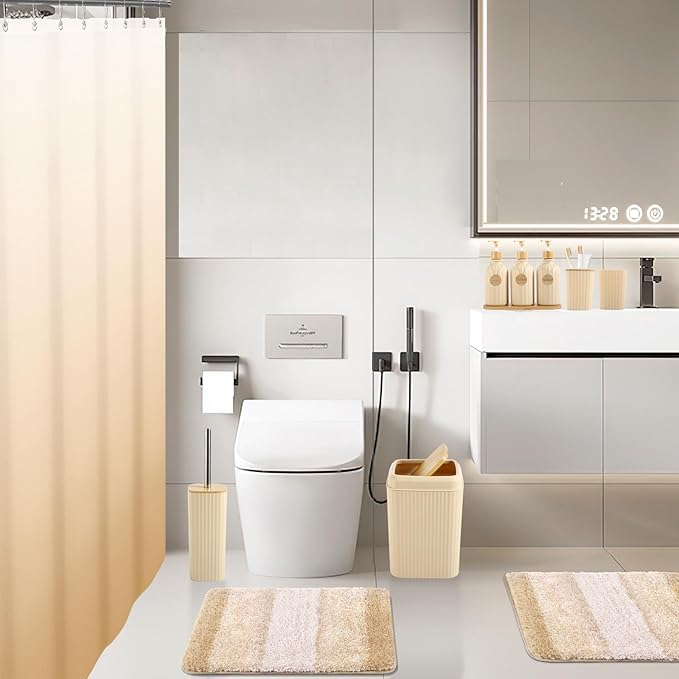 32PCS Bathroom Sets with Shower Curtain and Rugs Beige Bathroom Accessories Set Shower Curtain Set 3PCS Lotion Soap Dispenser Bathroom Accessories with Black Bathroom Decor