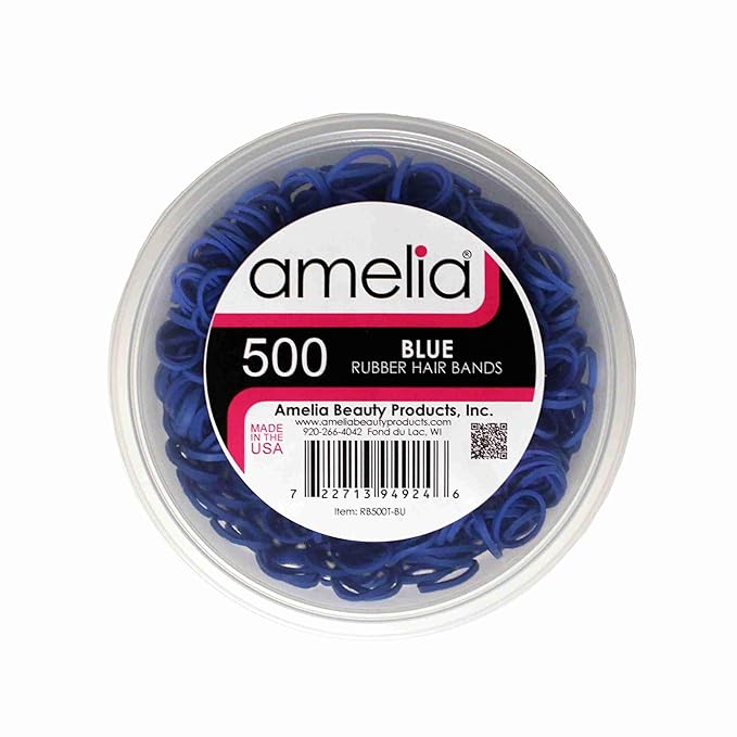 Amelia Beauty 500 Count Small Rubber Bands for Hair – ½" Blue- Made in USA - Recloseable Container - Mini Hair Elastics for Braids, Ponytails, Cornrows & Twists – Strong Hold Ponytail Holders