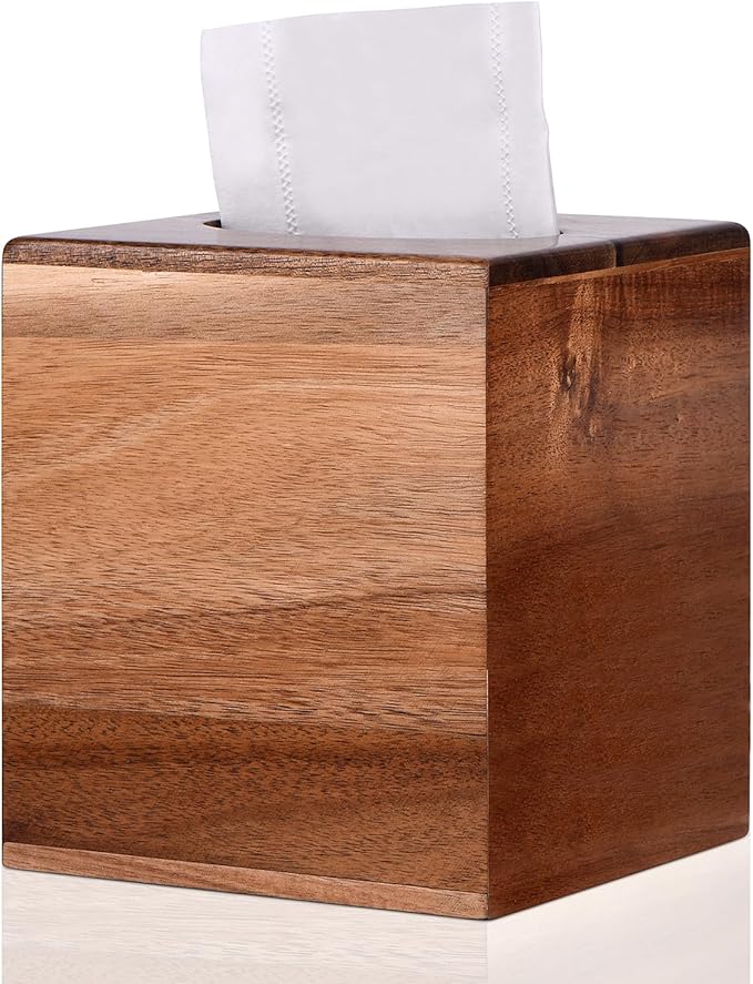 Tissue Box Cover Square, Acacia Wood Tissue Box Holder with Slide-Out Bottom, Wooden Tissue Box Cover Cube for Bathroom, Bedroom, Dinner Table, Office,Kitchen