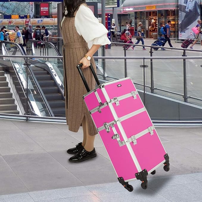 mefeir 3 in 1 Rolling Makeup Train Case, Aluminum Makeup Travel Organizer Cosmetic Case, Cosmetology Display Suitcase on Wheels, Beauty Storage Luggage Lockable w/4 Removable Wheels (Rose-Pink)