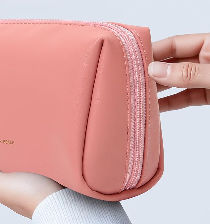 Aveniee Small Travel Makeup Bag, Vegan Leather Cosmetic Pouch for Purse,Wide-open Toiletry Organizer with Dividers & Zipper, Beauty Storage for Women-Dusty Rose