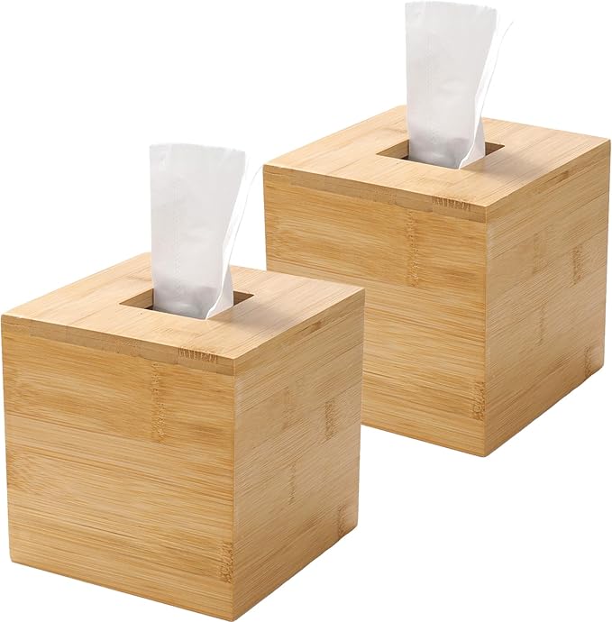 Tissue Box Cover, Square Tissue Box Holder, Bamboo Facial Paper Holder for Bathroom, Bedroom, Dinner Table, Office (2 Pack, 5.7 x 5.7 x 5.7 inch)