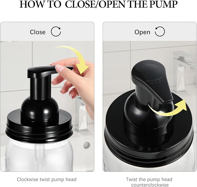 Amolliar Plastic Mason Jar Foaming Soap Dispenser with Pump Lid,16OZ Refillable Hand Soap Dispenser Set with Cute Lables - Farmhouse Decor for Kitchen/Bathroom, Lotion Liquid Dish Soap (4 Pack, Black)