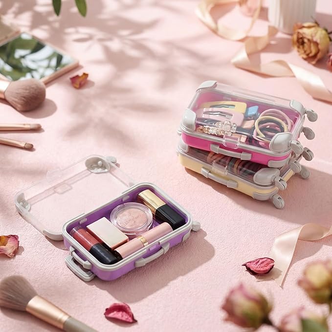 Honeydak 3 Pcs Mini Plastic Suitcase False Eyelashes Tray Luggage Trolley Candy Box Clear Suitcase Packaging Party Box for Jewelry Cosmetic Hairpins Storage (Bright Color,4.7 x 2.8 x 1.3 Inch)