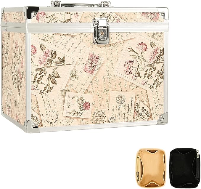 VNIMTI Makeup Train Case, Portable Makeup Box with Mirror, Cosmetic Storage Box for Women with Trays, Makeup Box Organizer (Vintage Stamp - Box -Size L)