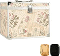 VNIMTI Makeup Train Case, Portable Makeup Box with Mirror, Cosmetic Storage Box for Women with Trays, Makeup Box Organizer (Vintage Stamp - Box -Size L)