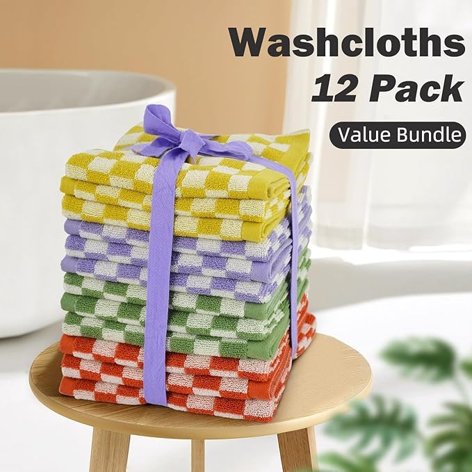Jacquotha Washcloths 12 Pack Checkered - Wash Cloths for Showering (13"x13") in 4 Colors, Multi-Purpose Bathroom Face Cloths, Soft and Cute