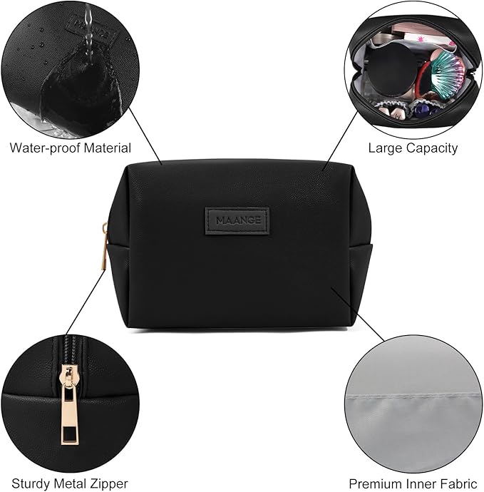 MAANGE Small Makeup Bag For Purse, Travel Cosmetic Bag Makeup Pouch PU Leather Portable Versatile Zipper Pouch For Women (Black)