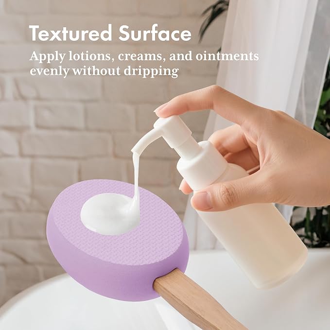 AmazerBath Lotion Applicator for Back, Feet, 4 Replaceable Pads with Long Handle, Back Sunscreen Applicator for Elderly, Women, Apply Cream Medicine Skin Cream Moisturizer Sunscreen Tanner, Purple