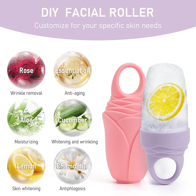 3 Pcs Facial Ice Roller Silicone Mold Reusable for Face Women and Eye Neck Cold Skin Care Tools Freezer De Puff Eye Bags Reduce Migraine Pain Pink 2 + Purple 1