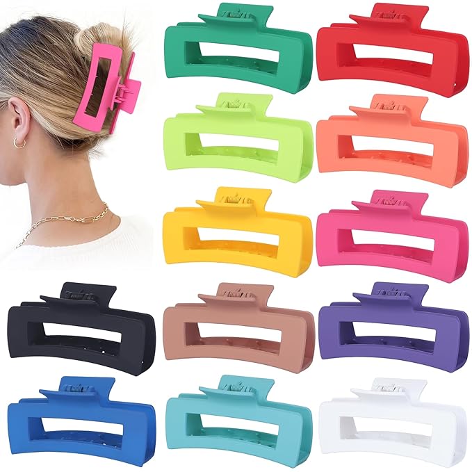 4.1 Inch Jumbo Claw Clips for Thick Hair - 12 Pcs Square Hair Accessories for Women and Girls - Dopamine