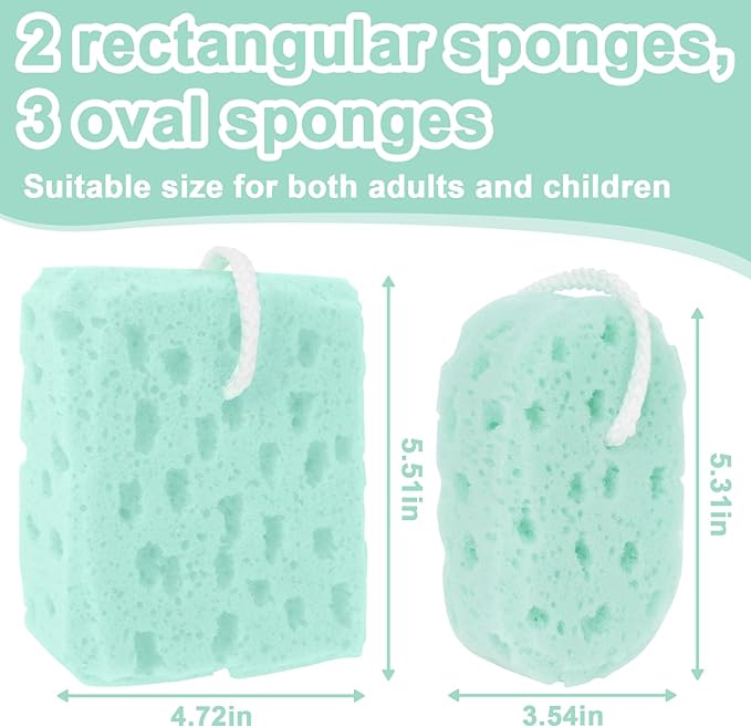5Pcs Bath Sponge - Sponge Loofah Body Scrubber Bath Sponges for Shower Soft Exfoliating Shower Pouf Body Sponges for Women, Men, Teenager Large Size Rich Lather 3 Colors