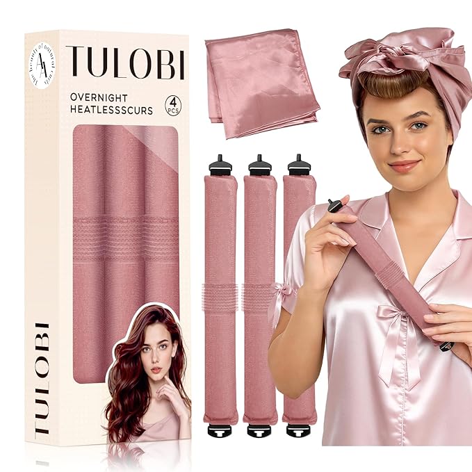 TULOBI 3 Pcs Heatless Curls Overnight - Upgraded Velvet Heatless Hair Curler with Velcro Fastener, Overnight Jumbo Blowout Rods, Hair Curlers to Sleep in for All Hair Types (Dark Pink)