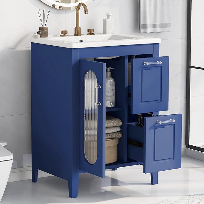 Harper & Bright Designs 24" Bathroom Vanity with Sink, Free Standing Single Basin Vanity Set with Two Drawers and Glass Door, Modern Wooden Bathroom Cabinet with Ceramic Basin for Bathroom, Blue