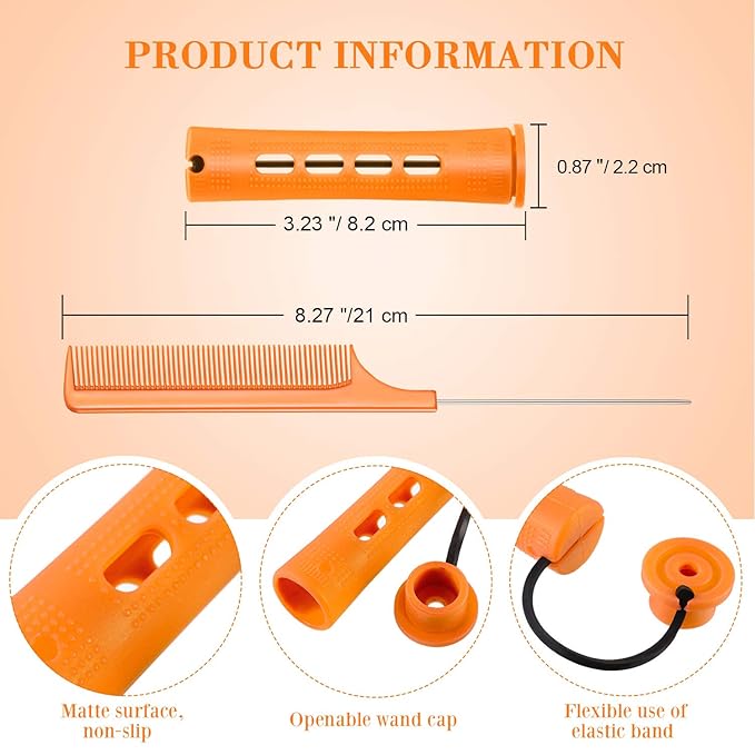 Chuangdi 24 Pcs Hair Perm Rods Plastic Cold Wave Perming Curlers Hair Rollers with Steel Pintail Comb Rat Tail Comb Tools for Hairdressing Styling(Orange,0.87inches)