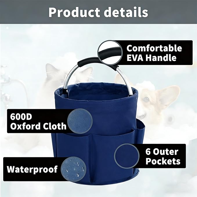 Felt Pet Dog Grooming Bag, Small Pet Grooming Tote Bag, 6-pocket Dog Grooming Supplies Organiser, Travel Outdoor Hold for Clippers Nail Grinder, Cleaning Brush, Trimmer, Nozzle, Blue