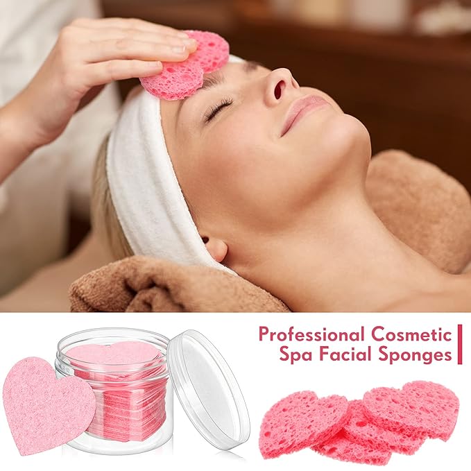 Nuenen 60 Pieces Facial Sponges with Container, Heart Shape Compressed Face Sponges Natural Cleaning Pads for Washing Face Cleaning Exfoliating Esthetician Makeup Removal(Pink)