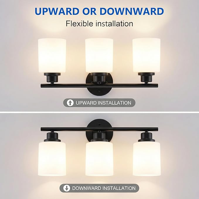 Unicozin 3 Light Bathroom Light Fixtures, Modern Vanity Lights with Milky Glass Shade, Black Wall Lamp Over Mirror for Bathroom, Living Room, Cabinet, Bedroom, E26 Base