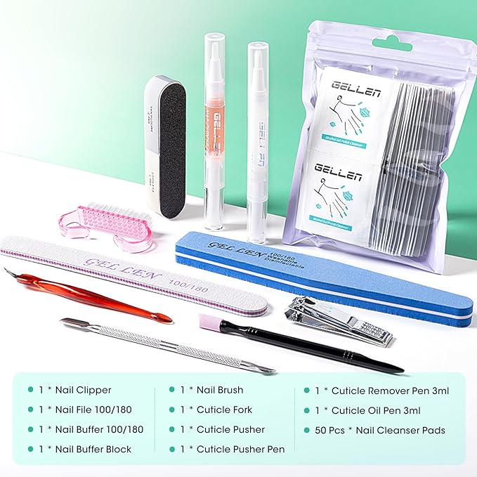 Gellen Nail Cleanser Pads 50PCS with 10PCS Manicure Tools Kit: Ceramic Cuticle Pusher Pen, Remover and Cuticle Oil Nail Prep Care Kit, Nail File 100/180, Polishing Buffer, Nail Clipper & Brush
