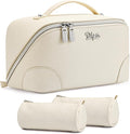 BOYATU Travel Makeup Bag Cosmetic Bags for Women: 3 Pcs Set Large Capacity Make up Bag with Handle - Waterproof Vegan Leather Toiletry Bags Travel Essentials with Compartments(C-3-White)