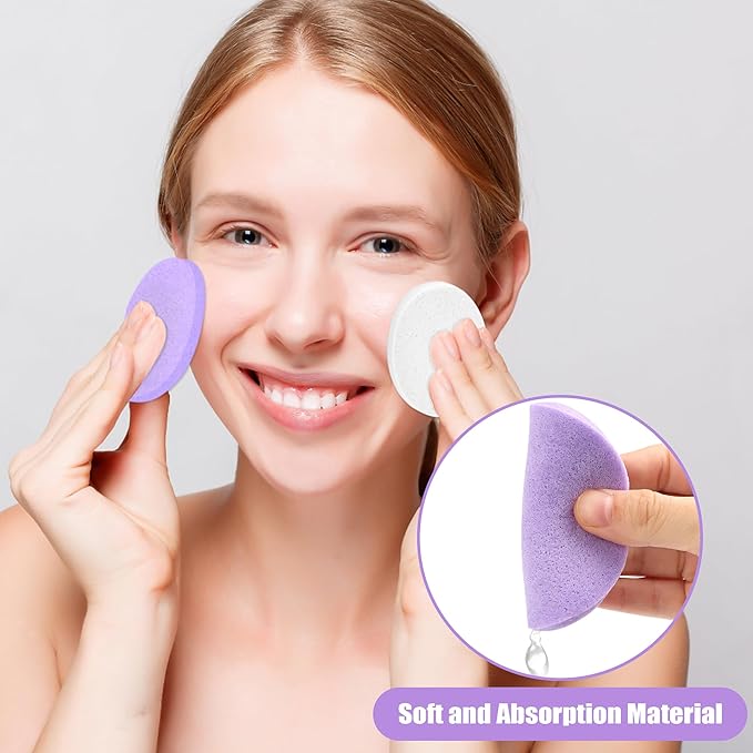 120 Pcs Facial Sponge Compressed, Luxiv Face Cleansing Sponge Estheticians Compressed Makeup Facial Sponge Round Wash Face Sponges for Women Compress Exfoliating Removal Sponge (White+Purple)