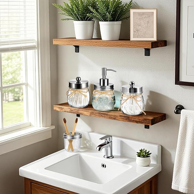 Amolliar Mason Jar Bathroom Accessories Set 4 Pcs -Lotion Soap Dispenser & 2 Qtip Holders & Toothbrush Holder - Rustic Farmhouse Decor, Bathroom Home Decor (Brushed Nickel)