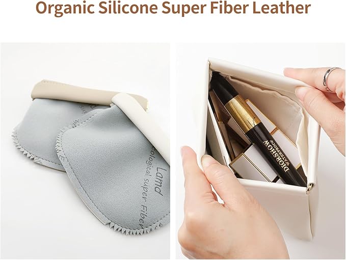 2 Pack Small Makeup Bag for Women, New Organosilicon Super Fiber PU Leather Mini Cosmetic Bag for Travel, Coin Purse Organizer Storage Pouch (Printed with Phrase, Cream)