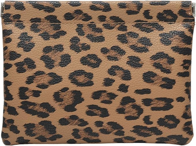Leopard Leather Small Makeup Pouch for Women,Cosmetic Accessories Organizer,Waterproof and Portable Cosmetic Bag,Self-closing, No Zipper, Aesthetic Storage Pouch,Lipstick for Purse,Brown