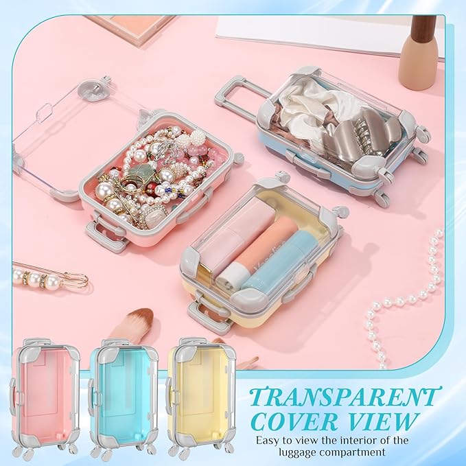 Honeydak 3 Pcs Mini Plastic Suitcase False Eyelashes Tray Luggage Trolley Candy Box Clear Suitcase Packaging Case Party Favor Box for Jewelry Cosmetic Hairpins Storage (Pastel Color,7 x 3.7 x 2 Inch)
