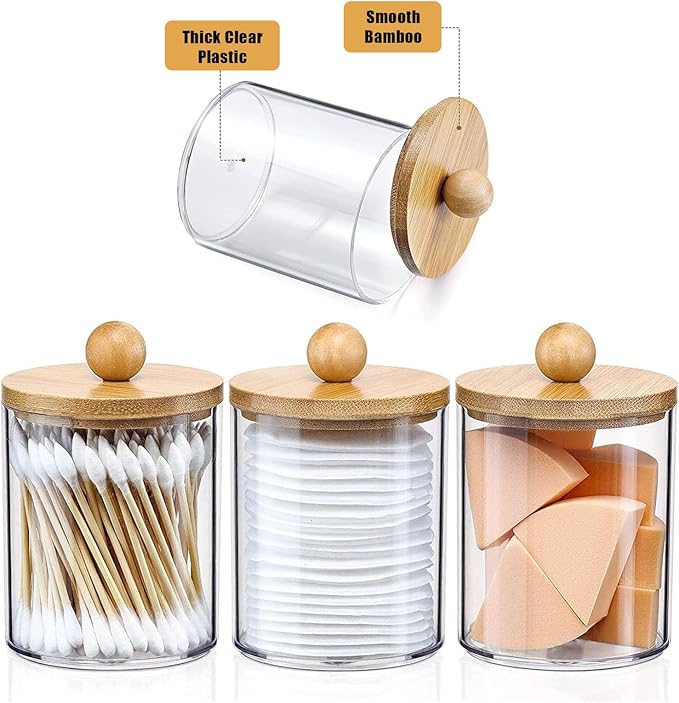 3PCS Acrylic Qtip Dispensers Holders With Wood lid, Clear Bathroom Round Countertop Storage Organizer Canister for Cotton Balls,Swabs,Pads,Bath Salts ,Makeup Sponges,Tooth Floss