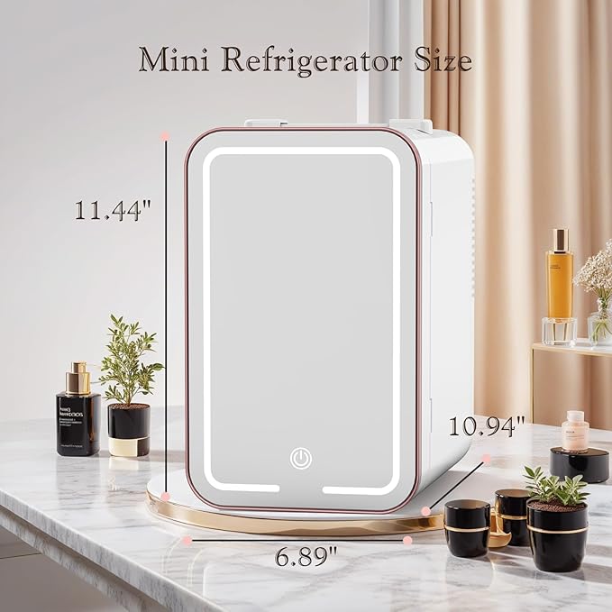 Mini Fridge for Bedroom, 6L Skincare Fridge with LED Mirror for Dorm & Office, Portable Cooler & Warmer Small Compact Refrigerator for Skincare, Makeup and Cosmetics