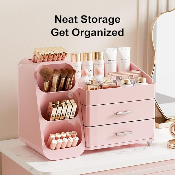 Makeup Organizer with Drawers for Vanity,Spacious Cosmetic Display Case,Perfect Storage Solution for Your Beauty Essential (ALL Pink)