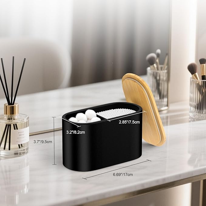 Cotton Swab Holder,Round Cotton Pads Balls Qtip Holder Dispenser with Lid, 2 Compartments Qtips Holder, Tampoms Period Box Bathroom Organizers Storage Bin Floss Dispenser Vanity Cosmetics, Black