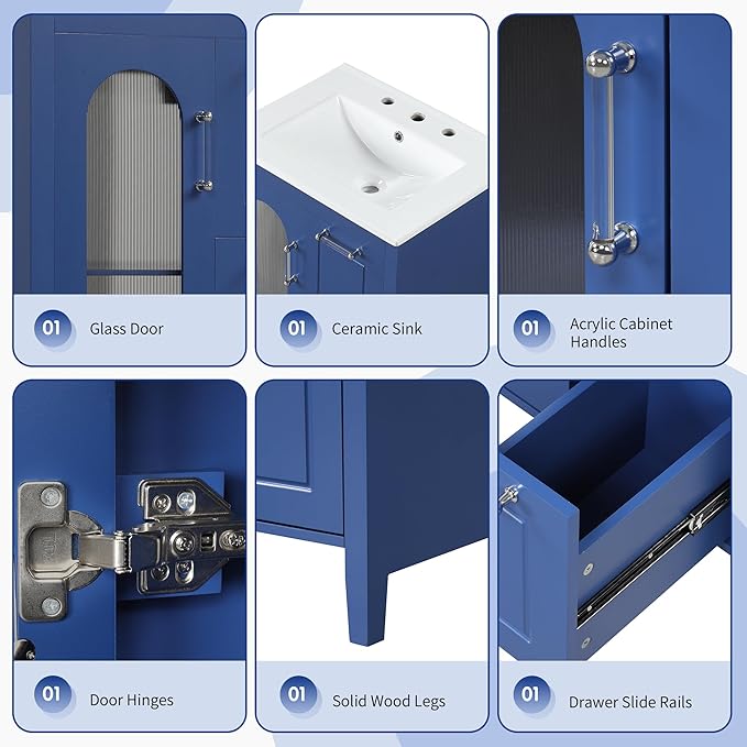 Harper & Bright Designs 24" Bathroom Vanity with Sink, Free Standing Single Basin Vanity Set with Two Drawers and Glass Door, Modern Wooden Bathroom Cabinet with Ceramic Basin for Bathroom, Blue