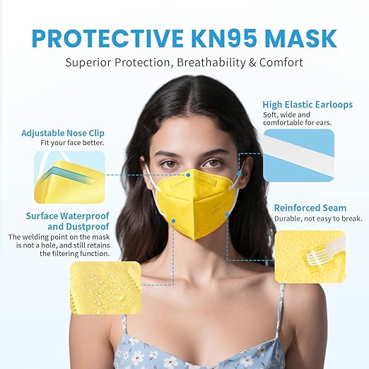 akgk KN95 Face Mask 50 PCS, Breathable Protection Masks, 5-Ply KN95 Yellow Masks, Cup Dust Safety Masks