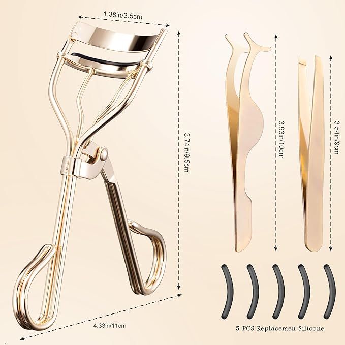 3-in-1 Professional Eyelash Curler Kit – Salon-Perfect Lashes at Home!Includes: Eyelash Curler (w/Replacement Pad), Eyebrow Tweezers & Curved Applicator Toolr – Travel-Friendly & Pain-Free (Gold)