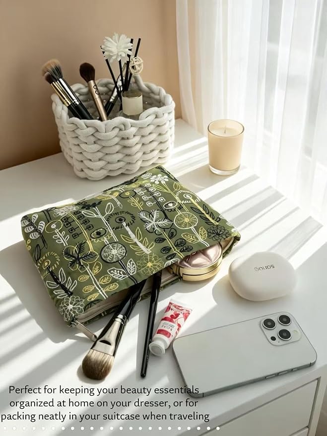 Embroidery Floral Makeup Bag for Women - Large Cosmetic Pouch | Compact Travel Toiletry Organizer (Zipper Gift for Girls Teens) ﻿